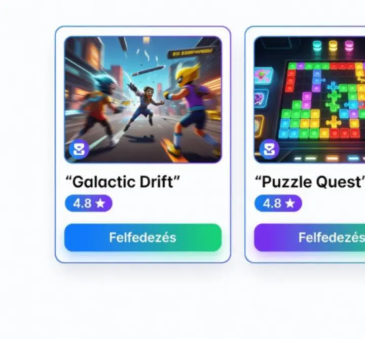 Kiemelt mobiljáték kártyák modern, app store jellegű elrendezésben